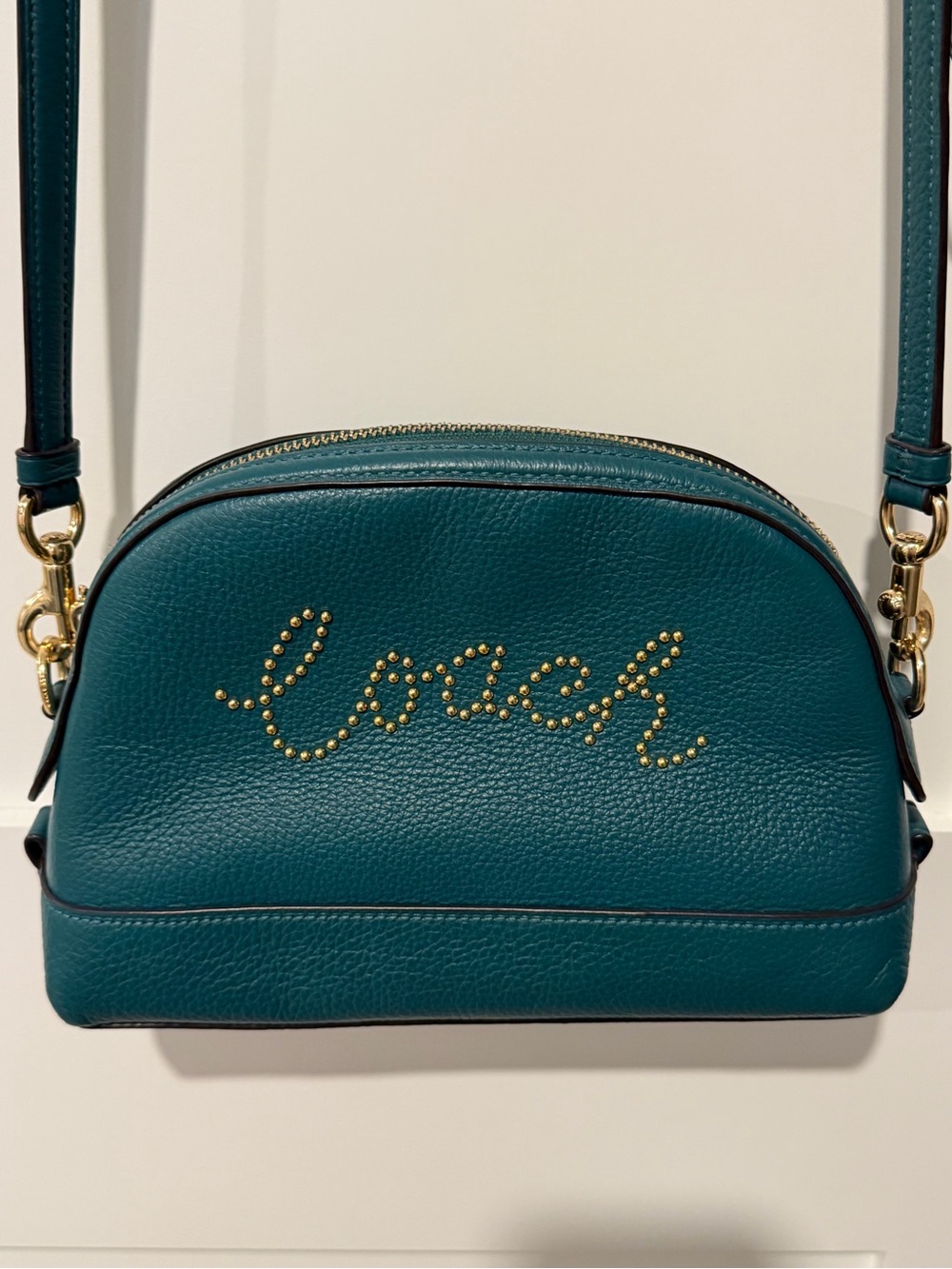 Coach Teal Pebbled Leather Crossbody with Gold Stud Logo